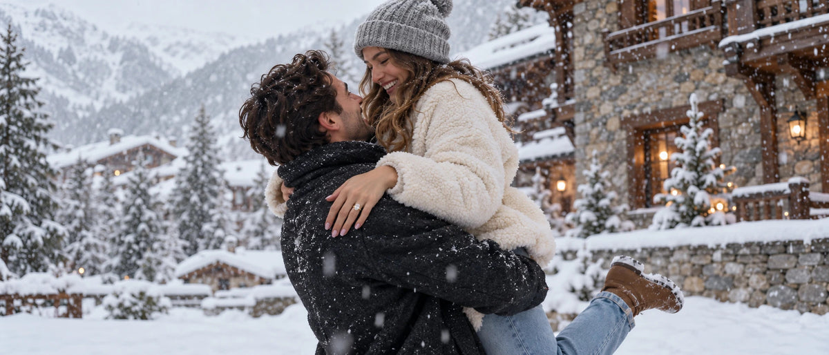 He lifts her in a joyful hug in a snowy alpine village, her hand on his shoulder shows an oval engagement ring